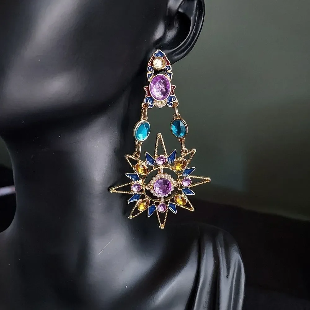 CRYSTAL PEARL CELESTIAL MOON AND SUN STAR DANGLE EARRINGS